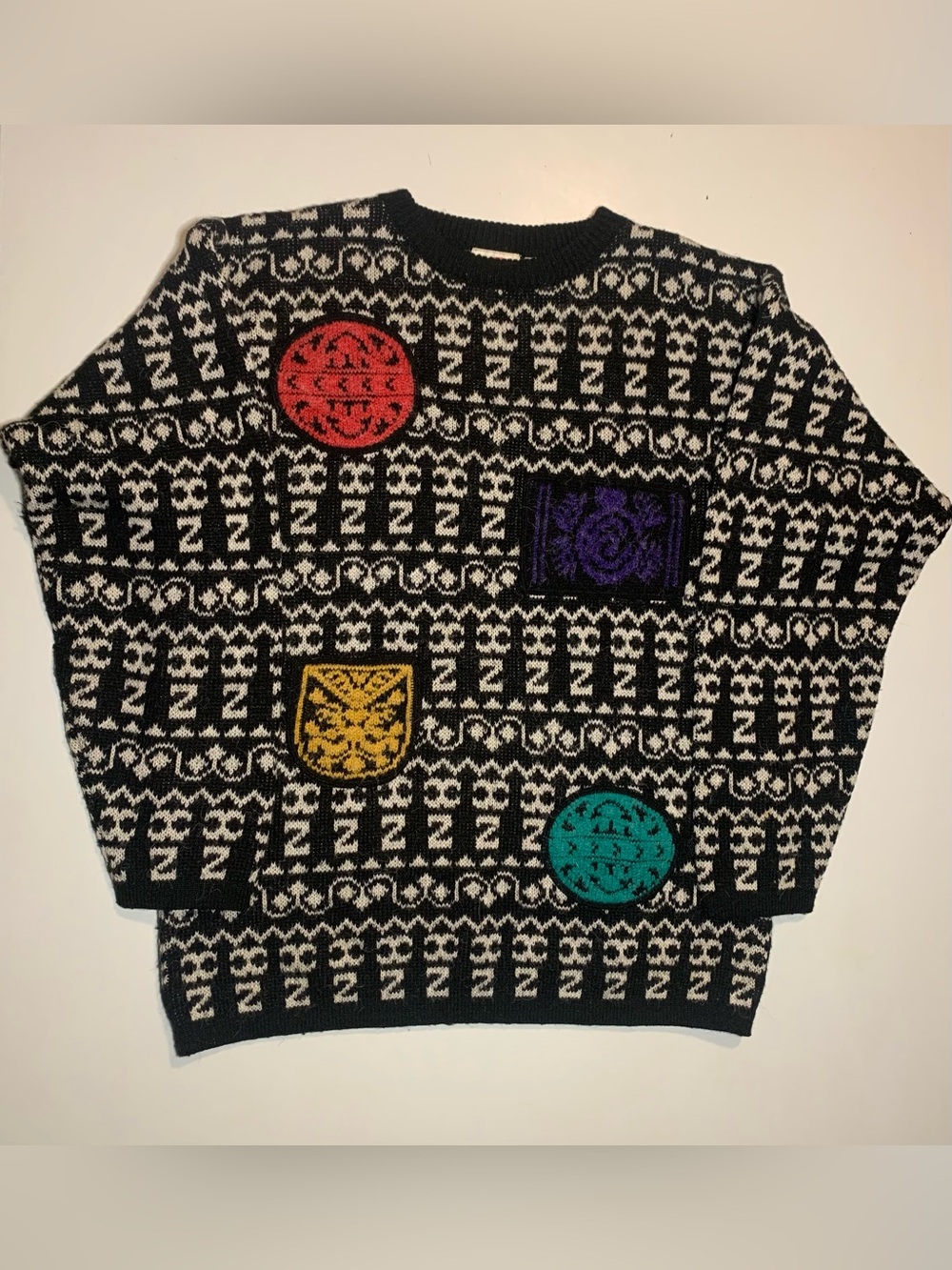 Rinzi Black and White Patterned Sweater with Multicolor Patches